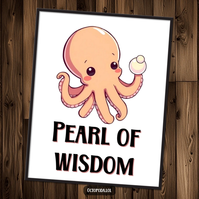 Funny poster showing a curious octopus reaching for a shiny pearl, perfect for adding a sense of wonder and humor to walls.