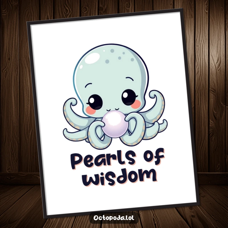 Funny Kawaii Octopus Poster of a wide-eyed cephalopod intently inspecting a luminous, shimmering pearl, a captivating underwater scene.