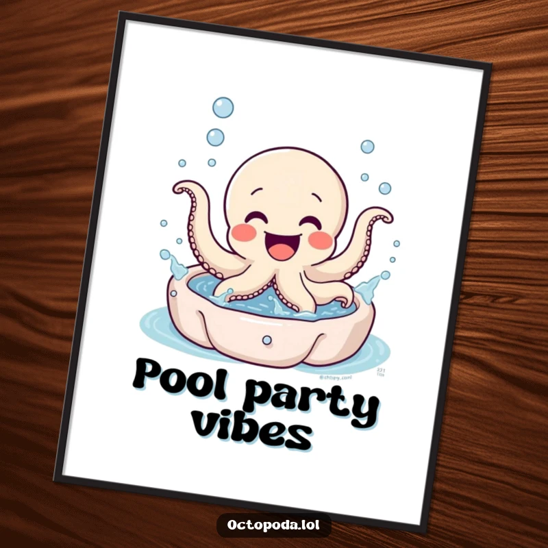 Funny Octopus Poster: An excited, happy octopus character joyfully splashing water in a miniature bubbly pool with lots of bubbles.