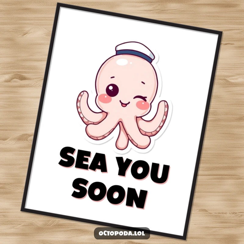 Funny poster art of a winking octopus wearing a sailor hat, capturing playful nautical charm and humor. A great gift.