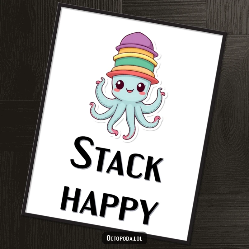 Funny Poster of a cheerful octopus character balancing seven colorful hats, adding quirky fun to walls.