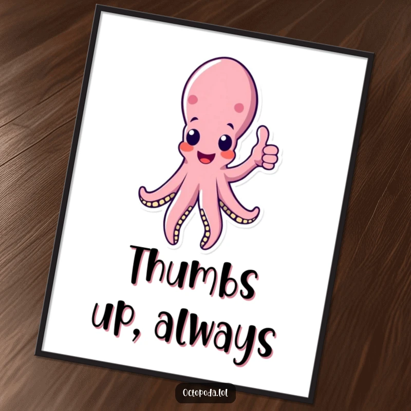 Funny octopus poster featuring a friendly tentacle giving a thumbs up, perfect for adding a motivational and humorous touch.
