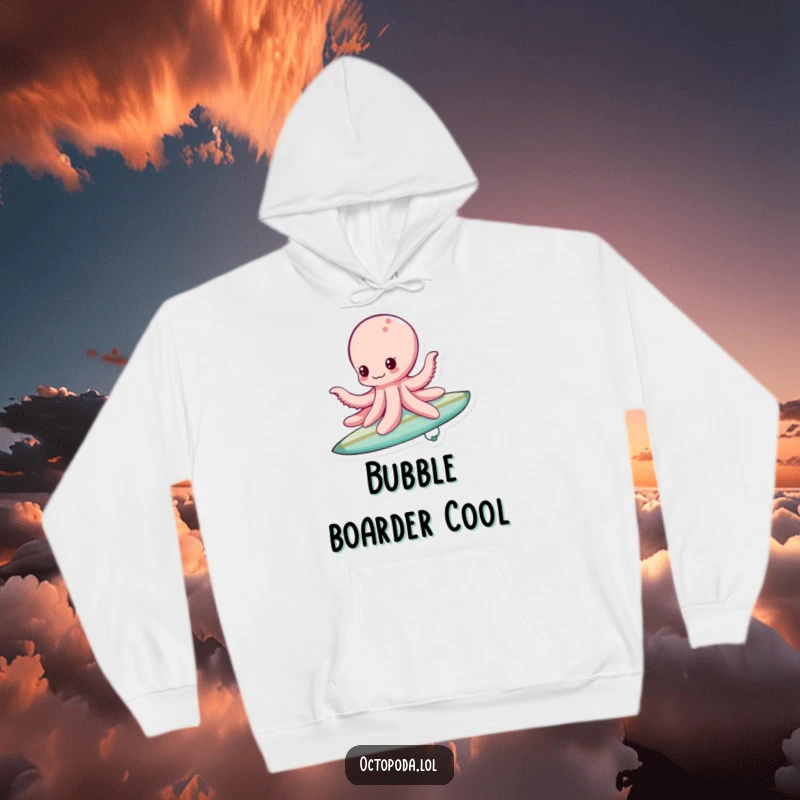 Funny bubble surfing octopus hoodie, a comfortable hoodie featuring an octopus riding a bubble like a surfboard, ready for adventure.