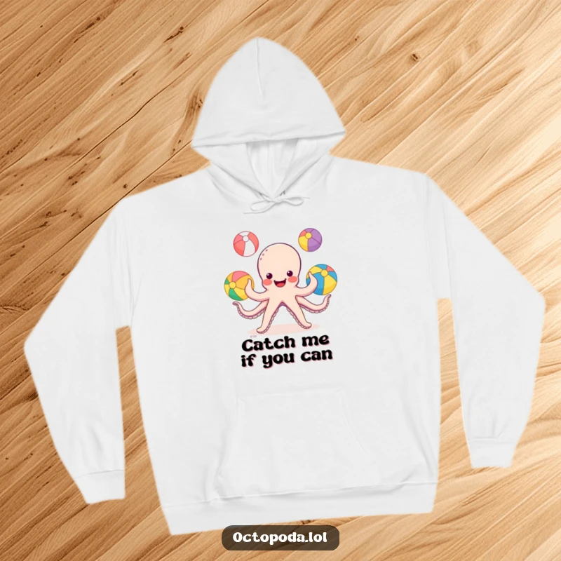 Funny Octopus Hoodie: a smiling octopus juggling colorful beach balls with its tentacles, ideal for cozy fun.
