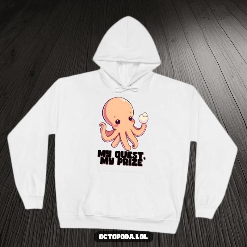 Funny hoodie featuring a curious octopus reaching for a shiny pearl, perfect for staying warm and inspired during adventures.