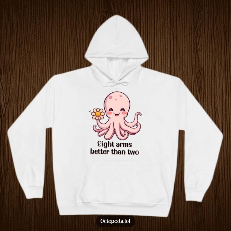 Funny hoodie showcasing a content octopus extending a tentacle with a beautiful flower, a symbol of warmth and affection.