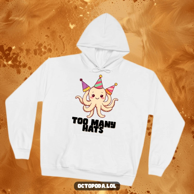 Funny Octopus Hoodie: A smiling, tiny octopus humorously entangled in party hats, offering cozy, comical vibes.
