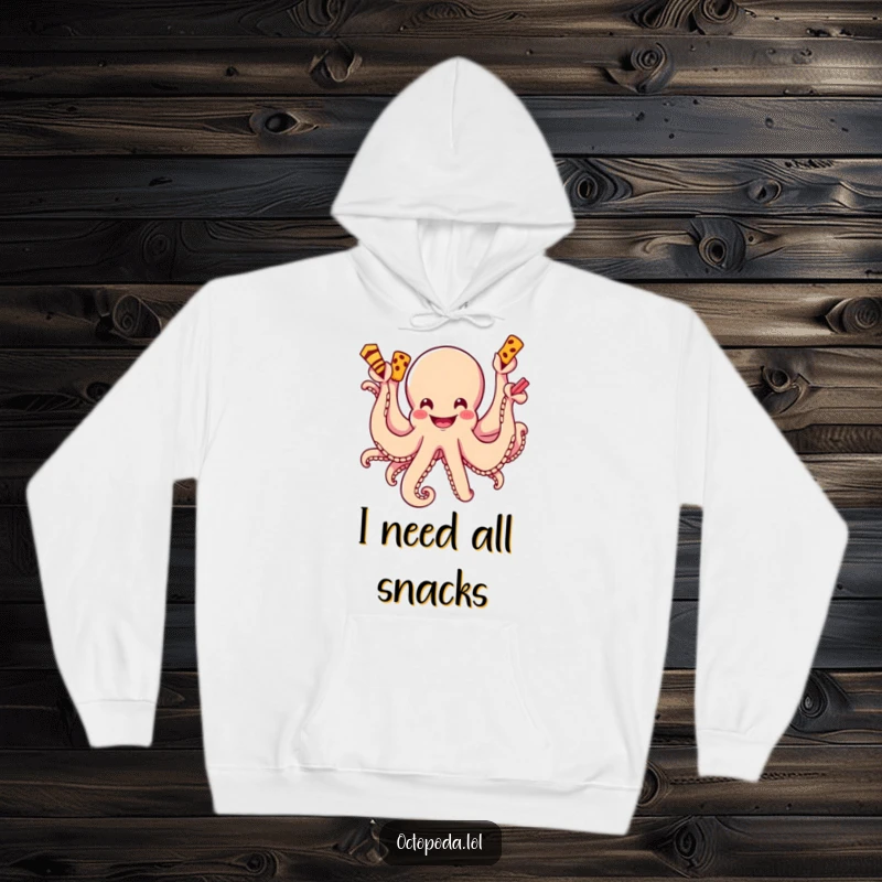 Funny hoodie showcasing a smiling octopus with several arms actively reaching for a variety of delicious snacks.