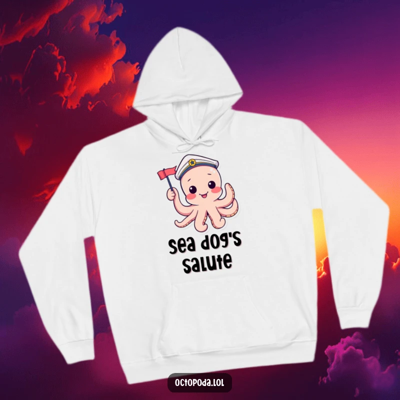 Funny hoodie featuring a playful octopus in a sailor hat, waving a small flag, perfect for nautical enthusiasts.