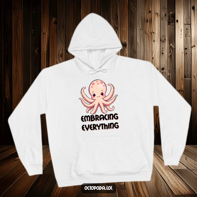 Funny octopus hoodie, a happy cephalopod unfurling multiple arms, cozy and warm, perfect for expressing joy and comfort.
