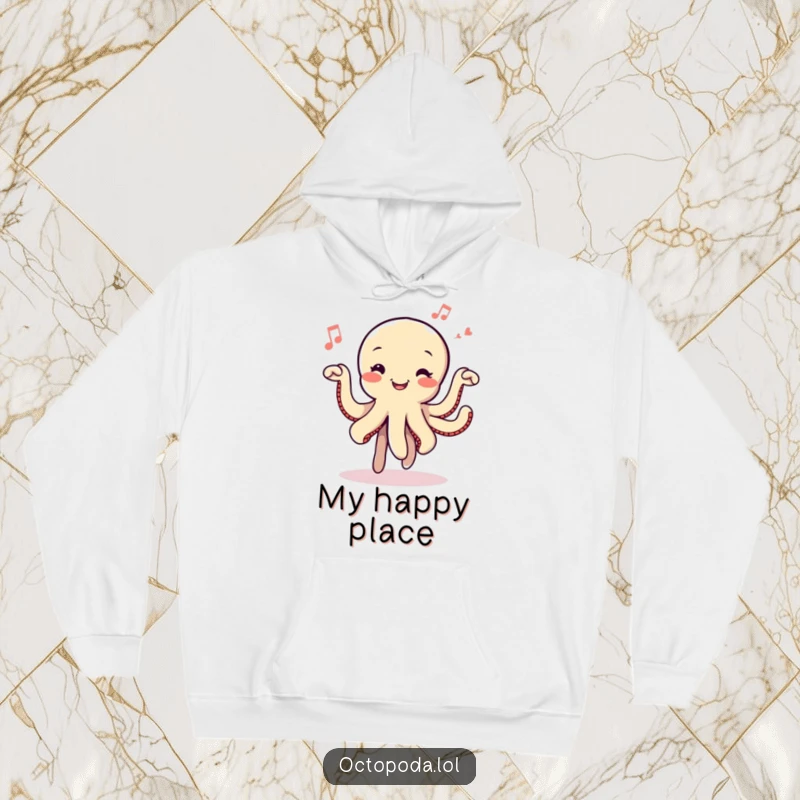 Funny Dancing Octopus Hoodie: A smiling octopus joyfully dancing surrounded by musical notes, offering warmth and rhythmic fun.