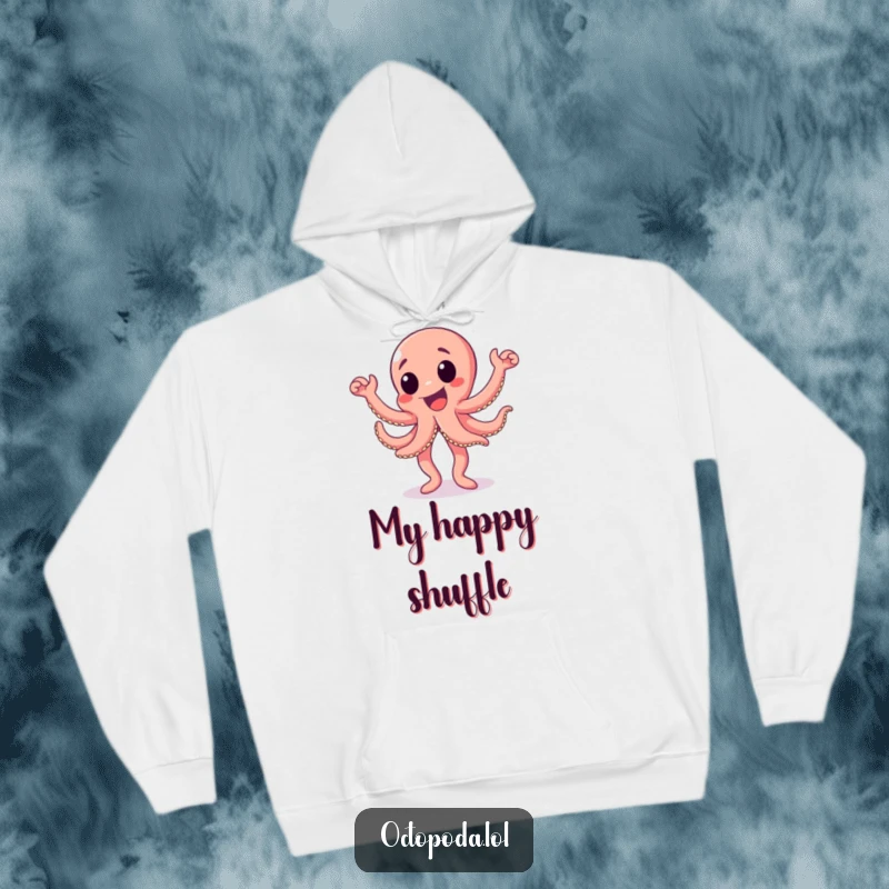 Funny octopus hoodie featuring an excited octopus character doing a joyous happy dance, ideal for comfortable and fun wear.