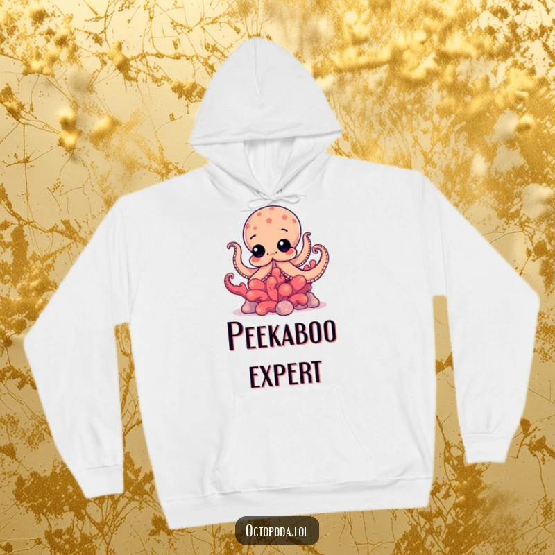 Funny hoodie showing a curious octopus peeking with wide eyes from behind a vibrant coral reef, adding a touch of mystery.
