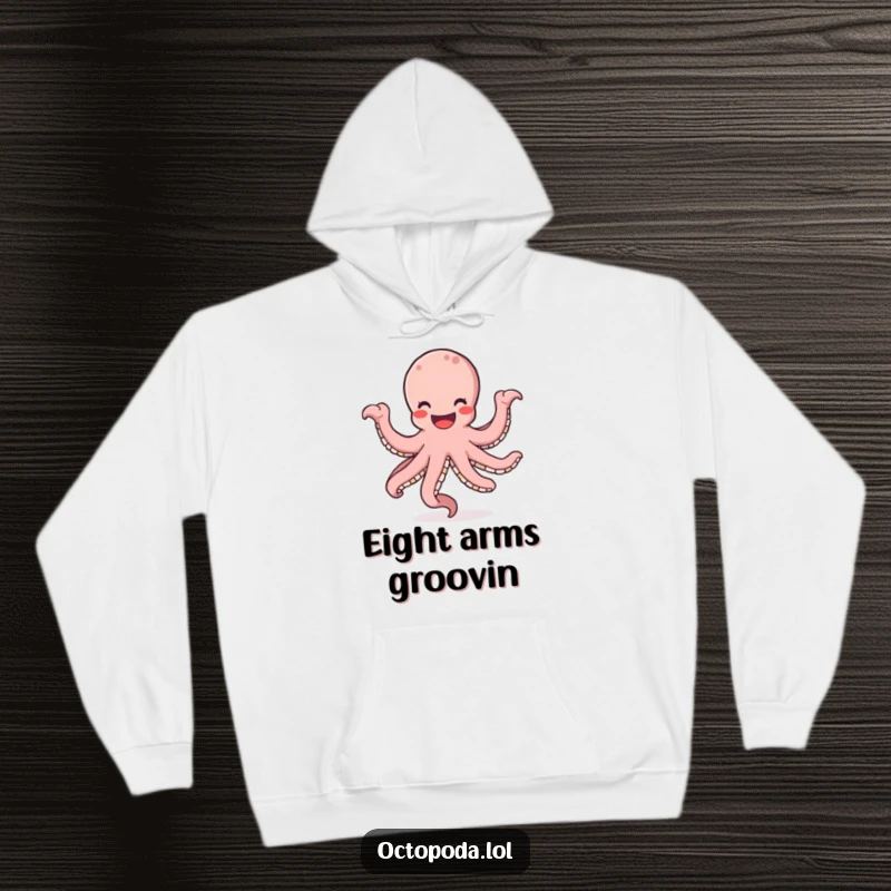 Funny hoodie showing a smiling octopus doing a happy dance, twirling its arms in a dynamic circular motion.
