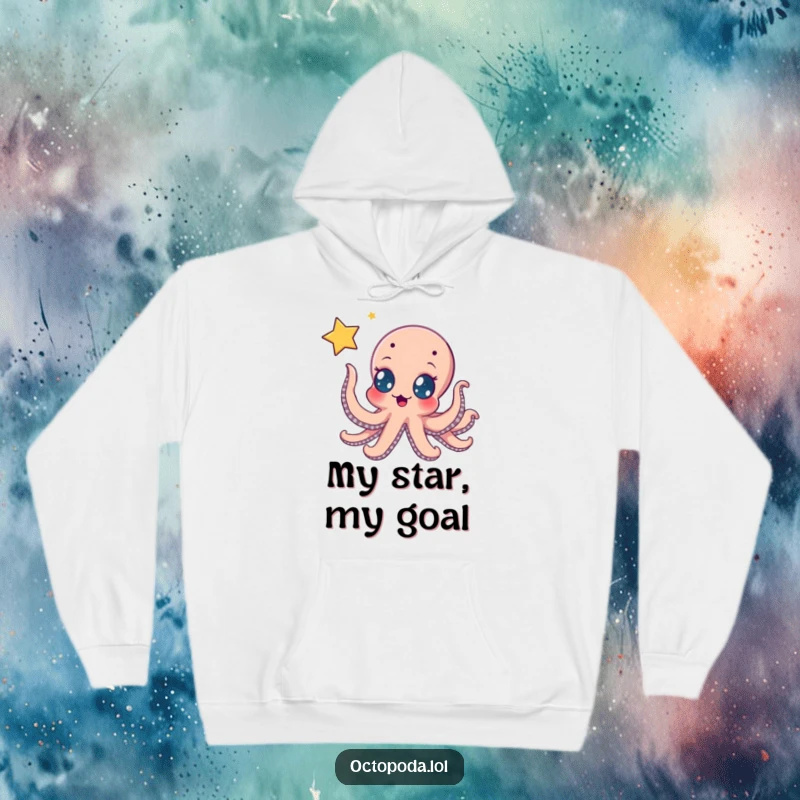 Funny hoodie: an octopus with wide, eager eyes stretching towards a glowing, shimmering star, embodying ambition and wonder in a cozy design.