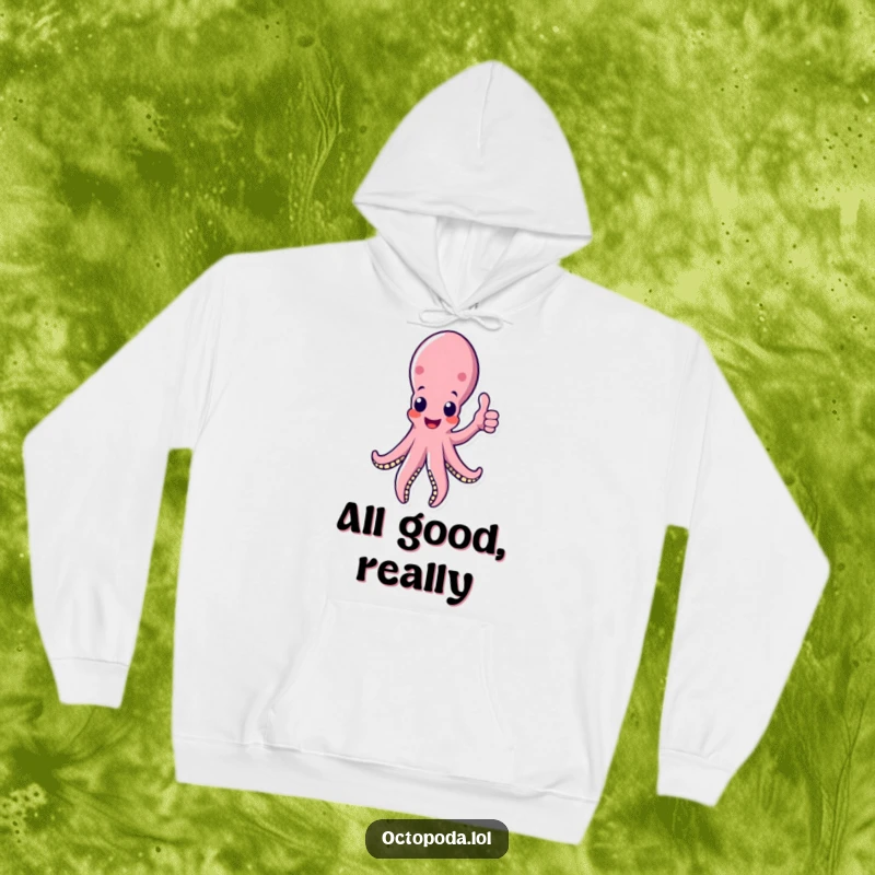 Funny octopus hoodie featuring a supportive tentacle giving a thumbs up, symbolizing warmth and encouragement.