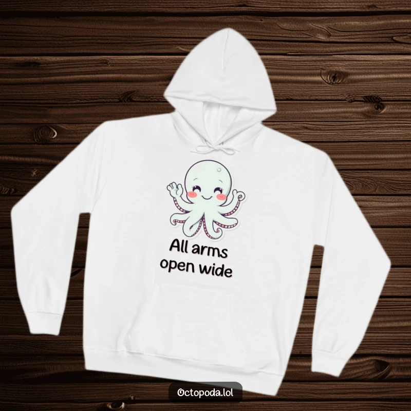 Funny hoodie featuring a smiling octopus with multiple tentacles waving hello, perfect for a cozy, friendly look.