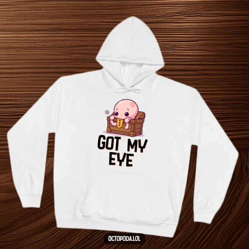 Funny Hoodie with a curious octopus peeking out from behind a treasure chest, symbolizing hidden knowledge and cozy exploration.
