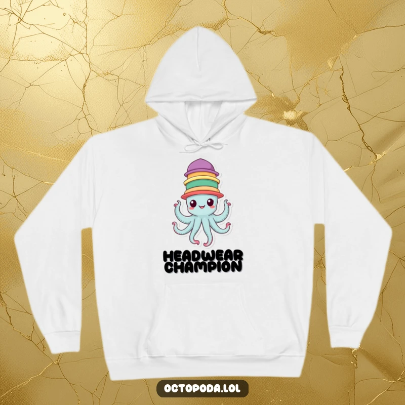 Funny Hoodie depicting a cheerful octopus character balancing a stack of seven colorful hats, perfect for cozy fun.