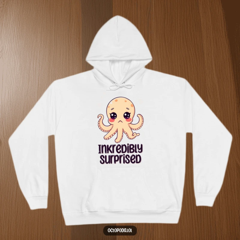 Funny hoodie featuring a comically surprised octopus with wide eyes, floating unexpectedly in a bubbly ocean.