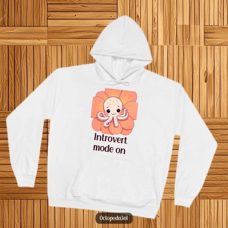 Funny Shy Octopus Hoodie: A soft hoodie featuring a shy octopus peeking from behind a colorful flower, offering comfort and a hint of humor.