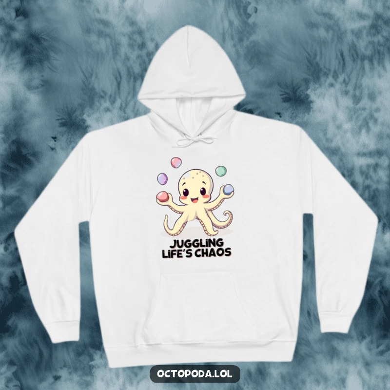 Funny Juggling Octopus Hoodie: A cozy hoodie featuring an octopus skillfully juggling pebbles for a humorous look.