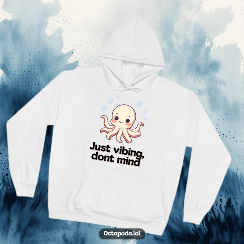 Funny octopus hoodie depicting a small, contented octopus swimming in a bubbly vortex, ideal for cozy, humorous wear.