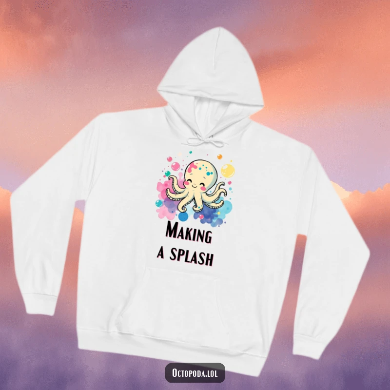 Funny hoodie showing a cheerful octopus creating ink splatters as it happily swims through a vibrant bubble-filled underwater scene.