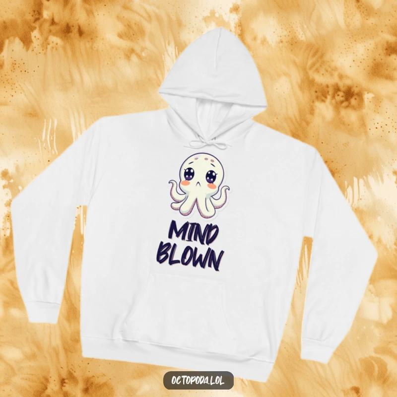 Funny hoodie featuring a surprised octopus with wide eyes looking upwards, offering warmth and comical style. A great gift.