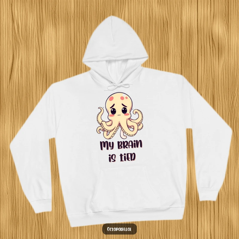Funny Kawaii Octopus Hoodie featuring a perplexed cephalopod whose tentacles are comically tied in a knot, a cozy and humorous graphic.