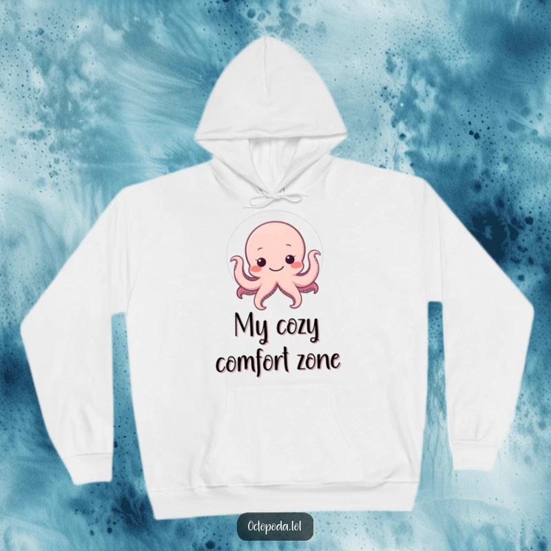 Funny hoodie showing a shy octopus peeking from behind a large, smiling bubble, offering warmth and adorable charm.