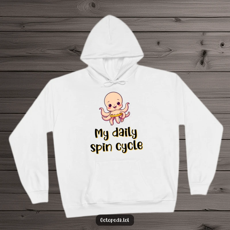 Funny hoodie featuring a wiggling octopus happily spinning a tiny hula hoop, perfect for a cozy, playful look.