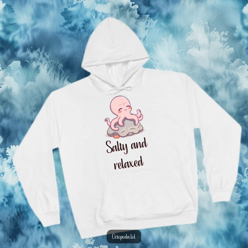Funny hoodie featuring a deeply relaxed octopus character taking it easy on a rock on the ocean floor.