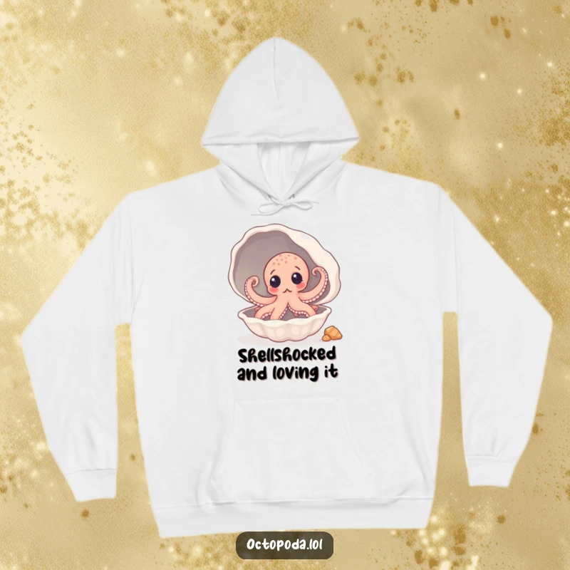 Funny Hoodie: A surprised octopus curiously peeking from a giant seashell, offering comfort and humor.