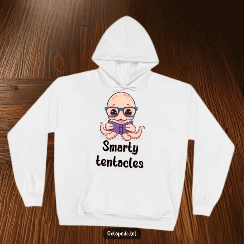 Funny Octopus Reading Hoodie: A warm, comfortable hoodie showcasing a spectacled octopus trying to read a very small book, creating a funny scene.