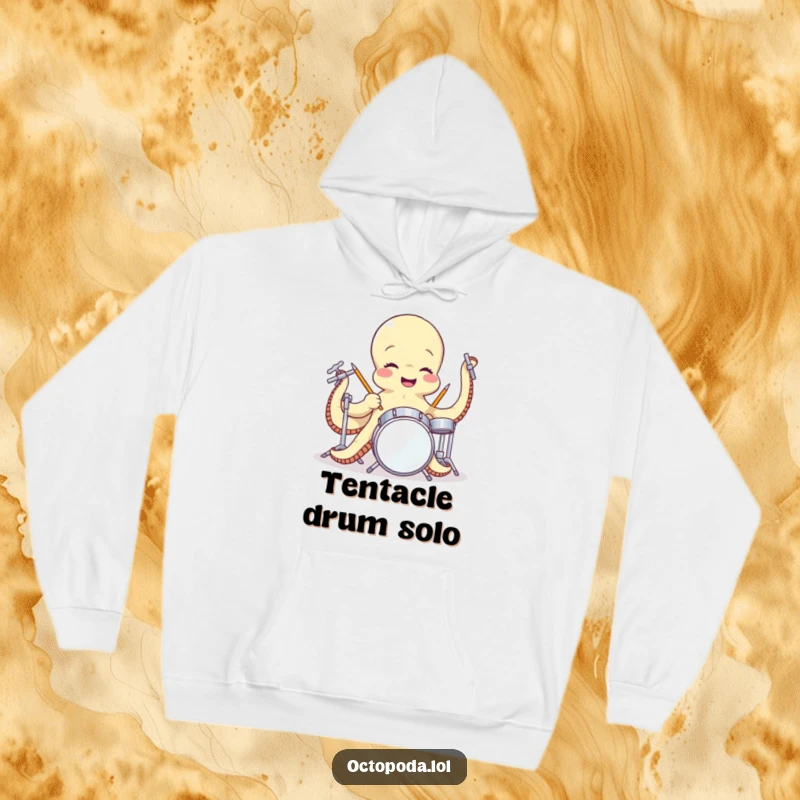 Funny hoodie showcasing a happy octopus drummer energetically playing a small drum set, radiating positive vibes and musical passion.
