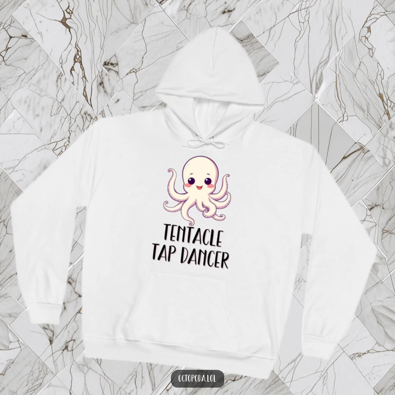 Funny Hoodie featuring a grinning octopus with googly eyes, caught mid-dance with wiggling tentacles.