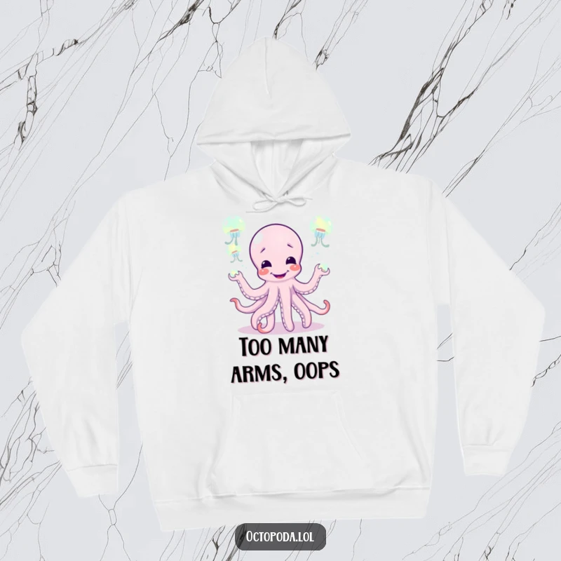 Funny hoodie with a giggling octopus character juggling bright jellyfish, capturing a moment of lighthearted fun and skill.