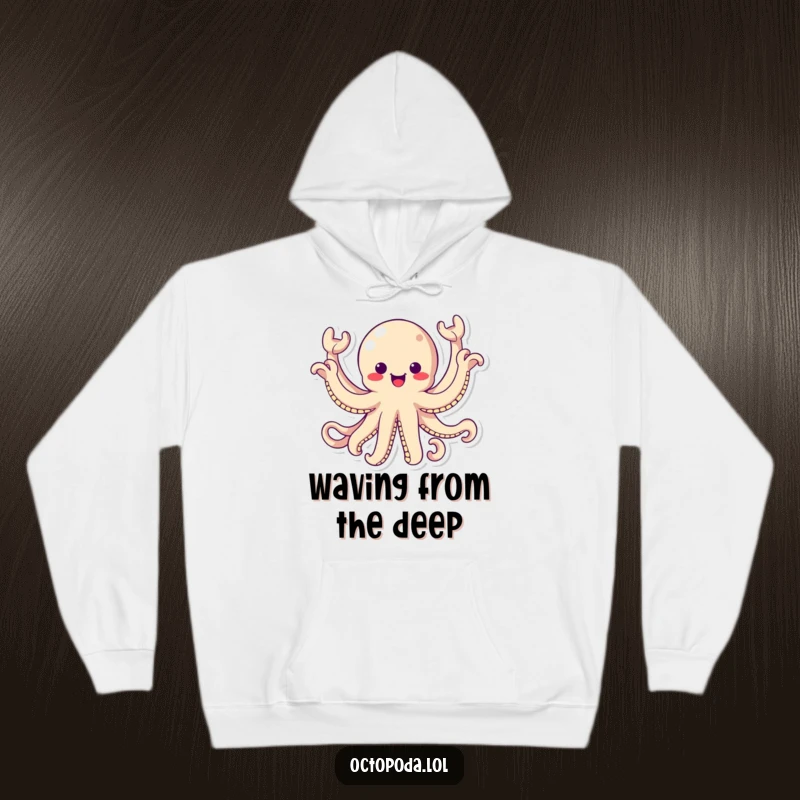 Funny Hoodie: An excited kawaii octopus waving all eight arms energetically, a humorous and cozy hoodie for ocean lovers.