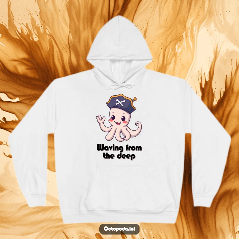 Funny pirate octopus hoodie: a playful octopus wearing a small pirate hat waves goodbye with a tentacle, cozy and nautical.
