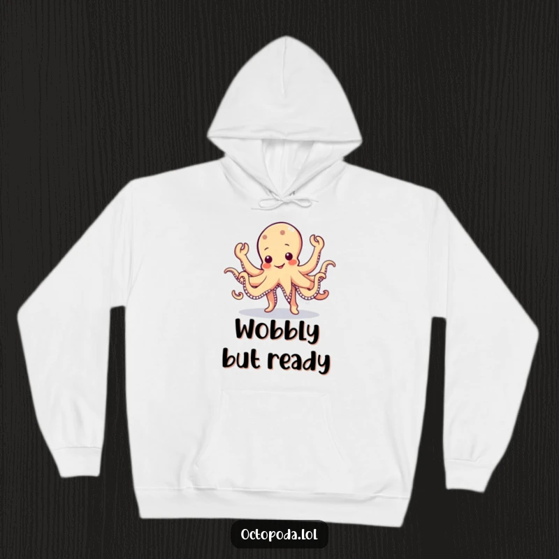 Funny Octopus Hoodie: A wobbly, cute octopus character enthusiastically performing a silly jig with all eight arms in motion.