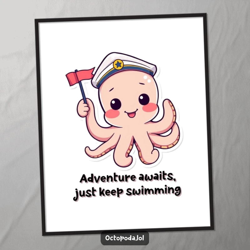 Funny Free Printable Wall Art featuring a playful octopus in a sailor hat, waving a tiny flag, bringing nautical charm home.
