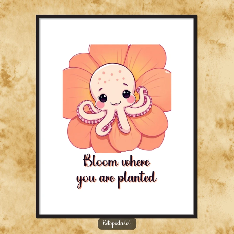 Funny Free Printable Wall Art: A shy octopus peeking from behind a bright flower, adding a touch of whimsy.
