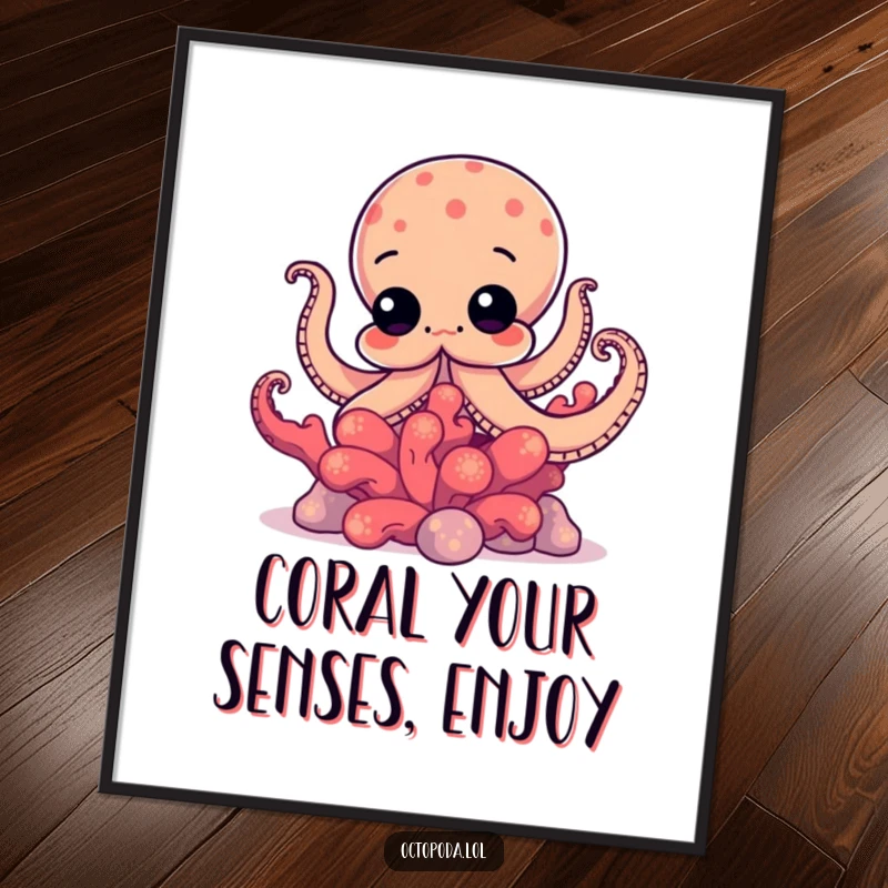 Funny free printable wall art: A curious octopus with bright eyes peeks out from the shadows of a large, vibrant coral structure.