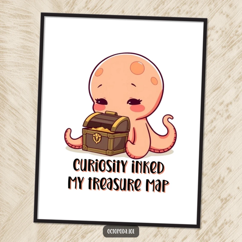 Funny Free Printable Wall Art depicting a curious octopus character inspecting a tiny treasure chest, perfect downloadable art.
