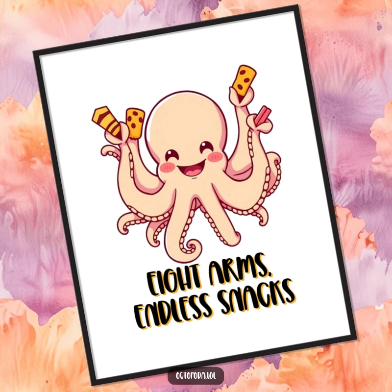 Funny Free Printable Wall Art: A grinning octopus happily wields multiple arms, all reaching out to grab a variety of delicious snacks.