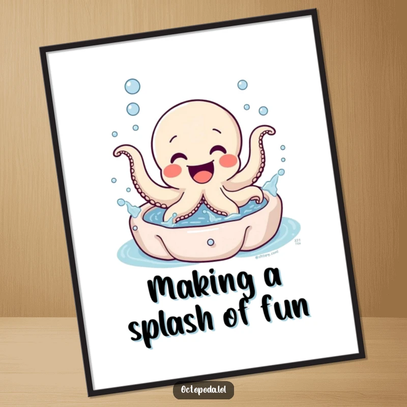 Funny Free Printable Octopus Wall Art: Excited octopus gleefully splashing in a miniature bubbly pool. Cheerful art.