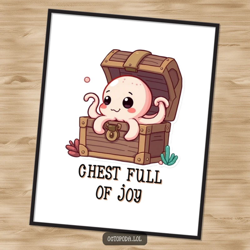 Funny free printable wall art of a curious octopus character peeking inquisitively through an open treasure chest.