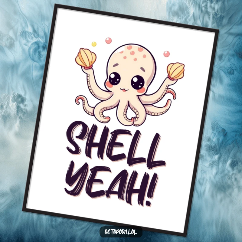 Funny free printable wall art of a cute octopus with googly eyes juggling a vibrant collection of seashells.