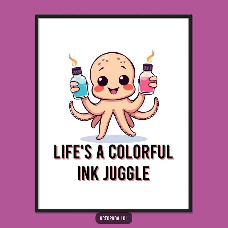 Free Printable Octopus Wall Art: Juggling Ink Bottles, Humorous Downloadable Decor